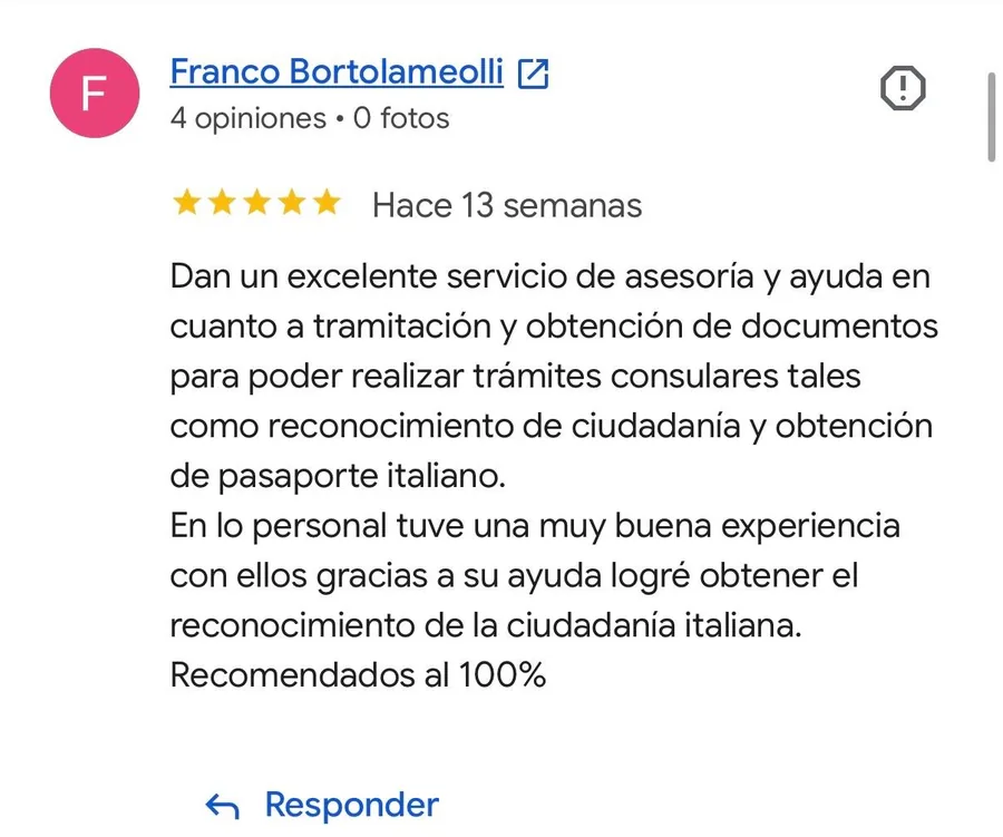 Reseña de 5 estrellas de Franco Bortolameolli en el perfil de Google de Ottimo! Agenzia