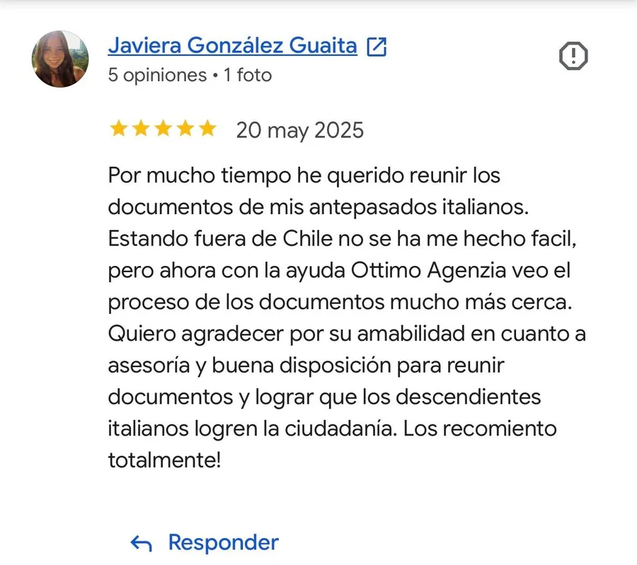 Reseña de 5 estrellas de Javiera González Guaita en el perfil de Google de Ottimo! Agenzia
