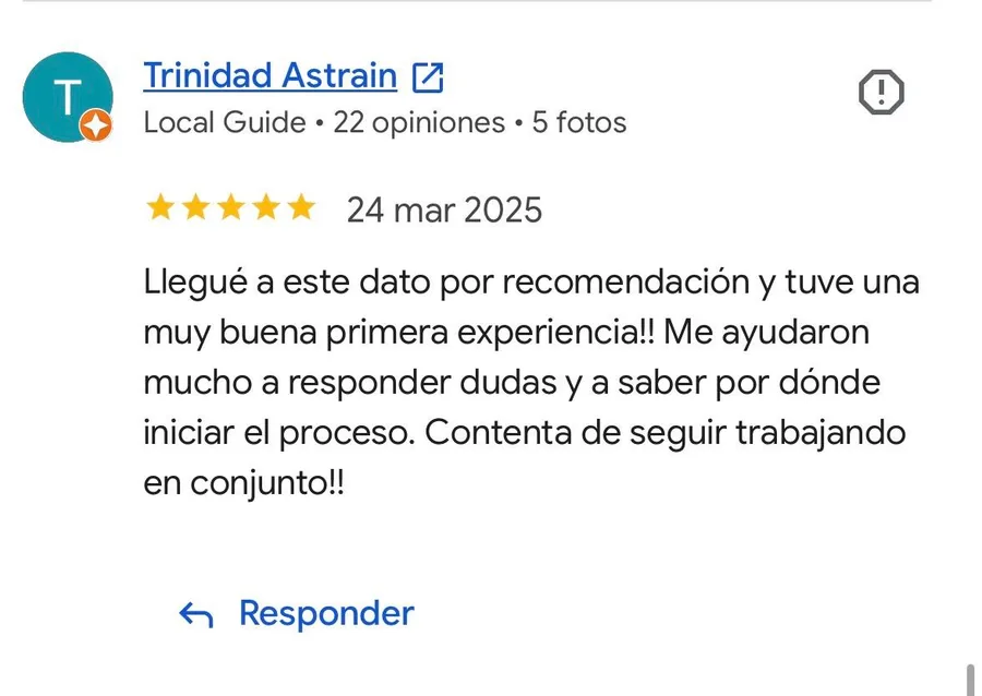 Reseña de 5 estrellas de Trinidad Astrain en el perfil de Google de Ottimo! Agenzia